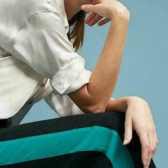 ANTHROPOLOGIE ett twa Women’s HIGH WAISTED FLARE TRACK PANTS BLACK GREEN SIZE 8 - Picture 2 of 9